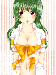  1girl bad_id bad_pixiv_id bow breasts cleavage female_focus geike green_hair highres kazami_yuuka kazami_yuuka_(pc-98) large_breasts long_hair mystic_square navel nipple_slip nipples no_bra open_clothes open_shirt red_eyes ribbon shirt solo touhou touhou_(pc-98)  rating:Questionable score:19 user:danbooru