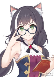 1girl animal_ear_fluff animal_ears bad_id bad_pixiv_id bare_arms bare_shoulders black-framed_eyewear black_hair black_neckwear blush book breasts commentary_request dated fushamemo glasses green_eyes hand_up holding holding_book karyl_(princess_connect!) long_hair looking_at_viewer low_twintails medium_breasts multicolored_hair open_book princess_connect! simple_background sleeveless smile solo split_mouth streaked_hair twintails twitter_username upper_body v-shaped_eyebrows white_background white_hair rating:Sensitive score:16 user:danbooru