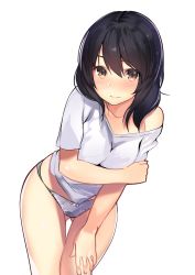 1girl black_hair blush bow bow_panties breasts brown_eyes cleavage closed_mouth collarbone commentary_request dutch_angle gluteal_fold grey_panties hair_between_eyes hand_on_own_arm highres kagematsuri leaning_forward long_hair looking_at_viewer medium_breasts off_shoulder original panties shirt simple_background smile solo thighs underwear v-neck white_background white_shirt rating:Sensitive score:40 user:danbooru