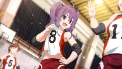  22/7 22/7_ongaku_no_jikan 3girls basketball basketball_uniform black_curtains black_ribbon blurry collar_tug depth_of_field dutch_angle elbow_pads fang game_cg gym hair_between_eyes hair_ornament hair_ribbon hand_on_own_hip highres indoors light_particles looking_at_another multiple_girls navel non-web_source official_art open_mouth purple_eyes purple_hair ribbon solo_focus sparkle sportswear sweat tojo_yuki twintails 