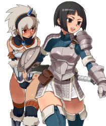  2girls armor blush capcom character_request kirin_(armor) monster_hunter_(series) ms._m.h. multiple_girls no_panties short_hair tarayama thighhighs 