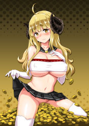 10s 1girl ahoge anila_(granblue_fantasy) bandeau blonde_hair blush breasts clothes_lift coin covered_erect_nipples draph elbow_gloves female_focus frown gloves gradient_background granblue_fantasy horns huge_breasts long_hair navel no_panties sailor_collar sitting skirt skirt_lift solo tears thighhighs underboob yellow_eyes zaxwu rating:Questionable score:22 user:danbooru