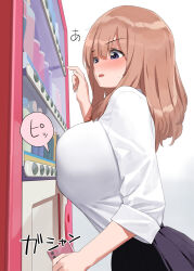  1girl black_skirt blush breast_press breasts brown_hair cellphone commentary_request holding holding_phone kaisen_chuui large_breasts medium_hair open_mouth original phone pleated_skirt purple_eyes shirt skirt solo sweat vending_machine white_shirt 