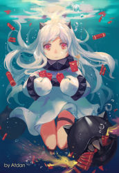 10s 1girl absurdres abyssal_ship ahoge hongbao artist_name atdan bad_id bad_pixiv_id dress enemy_aircraft_(kancolle) firecrackers highres horns kantai_collection long_hair looking_at_viewer mittens northern_ocean_princess ocean pale_skin parted_lips red_eyes revision submerged underwater white_dress white_hair rating:Sensitive score:13 user:danbooru
