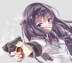  1girl akemi_homura black_hair black_hairband commentary dutch_angle eyelashes fingernails floating_hair foreshortening grey_background gun hairband handgun highres holding holding_gun holding_weapon long_hair long_sleeves longmei_er_de_tuzi looking_at_viewer mahou_shoujo_madoka_magica makarov_pm neck_ribbon outstretched_arm pointing_weapon purple_eyes purple_ribbon ribbon serious shell_casing shirt simple_background solo upper_body v-shaped_eyebrows very_long_hair weapon white_shirt wing_collar 
