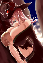  1boy 1girl age_difference assertive_female blue_eyes blush breast_smother breasts bursting_breasts character_request cleavage closed_eyes collarbone dutch_angle eyelashes face_to_breasts femdom foreskin handjob hat hetero highres huge_breasts kloah lips long_hair looking_down mature_female naughty_face navel nipples no_bra outdoors penis puffy_nipples shiny_skin shota size_difference small_penis smile uncensored witch witch_hat  rating:Explicit score:337 user:mrdie01