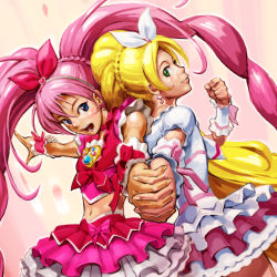  10s 2girls blonde_hair blue_eyes bow brooch cure_melody cure_rhythm green_eyes holding_hands heart houjou_hibiki jewelry long_hair magical_girl midriff minamino_kanade multiple_girls navel no_choker pink_bow pink_hair ponytail precure simulex skirt suite_precure twintails 