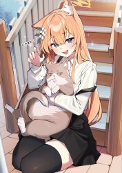  1girl absurdres animal animal_ear_fluff animal_ears animal_hug black_skirt black_thighhighs blue_archive blue_eyes blush cat_ears cat_girl claw_pose ear_down flower grey_cat hair_flower hair_ornament halo hand_up highres long_hair long_sleeves looking_at_viewer mari_(blue_archive) muo_(muojjang_0929) open_mouth overall_skirt shirt sitting skindentation skirt smile sparkling_aura stairs thighhighs translation_request white_flower white_shirt yellow_halo yokozuwari 