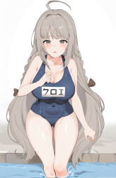  1girl absurdres ahoge and-j_(dlwjdqja1212) blue_one-piece_swimsuit breasts cameltoe character_name character_request cleavage copyright_request covered_navel cowboy_shot gluteal_fold grey_eyes grey_hair hair_ribbon highres large_breasts long_hair looking_at_viewer off_shoulder one-piece_swimsuit open_mouth poolside ribbon school_swimsuit sideboob sitting solo swimsuit very_long_hair wet 