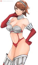  1girl :t absurdres alternate_breast_size armor bare_shoulders bikini bikini_armor blush breastplate breasts brown_eyes brown_hair cleavage closed_mouth cowboy_shot gloves hand_on_own_hip hand_up highres large_breasts leg_armor looking_at_viewer navel nero_watch patreon_logo patreon_username persona persona_3 pout red_bikini red_gloves short_hair simple_background solo stomach swimsuit takeba_yukari watermark web_address white_background 
