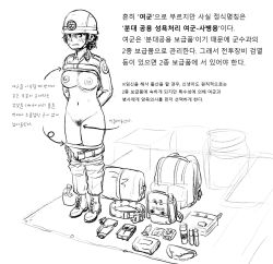 1girl arms_behind_back arrow_(symbol) belt blush breasts cleavage clothes_lift clothes_pull collared_shirt cross-laced_footwear female_soldier full_body gogocherry greyscale helmet highres korean_text legs_together looking_at_viewer medium_breasts military military_uniform monochrome open_belt panties pants pants_pull panty_pull pubic_hair shirt shirt_lift short_hair slave translation_request underwear uniform white_background rating:Questionable score:24 user:upupcherry