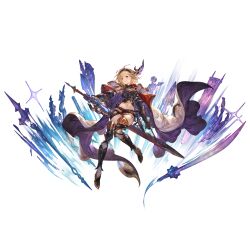  1girl armor armored_boots belt black_armor blonde_hair boots breasts cape conqueror_of_the_eternals djeeta_(granblue_fantasy) full_body granblue_fantasy hairband holding holding_sword holding_weapon minaba_hideo navel official_alternate_costume official_art shorts solo sword third-party_source transparent_background weapon 