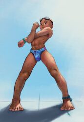  1boy aang absurdres avatar:_the_last_airbender avatar_legends barefoot blue_male_swimwear bulge commentary_request dark_skin feet full_body goggles goggles_on_head highres inthezone0 legs looking_at_viewer male_focus male_swimwear navel shorts shota simple_background solo standing swimsuit toenails toned topless_male underwear 
