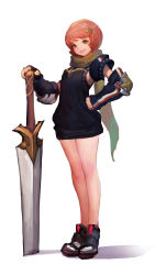  1girl absurdres armor black_gloves brown_eyes fingerless_gloves gd_choco gloves green_scarf hair_ornament hand_on_hilt hand_on_own_hip highres original parted_lips planted planted scarf short_hair simple_background smile solo standing sword weapon white_background 