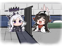  2girls bars bed blue_archive chibi coat coat_on_shoulders crying demon_girl demon_horns fried_bocky hair_intakes halo highres hina_(blue_archive) horns in_cell kasumi_(blue_archive) lab_coat long_hair multiple_girls multiple_horns off_shoulder open_mouth parted_bangs prison prison_cell purple_eyes red_shirt shirt sleeves_past_fingers sleeves_past_wrists tears white_coat white_hair  rating:General score:6 user:danbooru