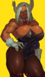  1girl :p absurdres animal_ears artist_name bare_shoulders black_leotard boku_no_hero_academia bow bowtie breasts cleavage contrapposto covered_navel dark-skinned_female dark_skin detached_collar gloves hair_over_one_eye hand_on_own_hip highres huge_breasts ibuo_(ibukht1015) leotard long_eyelashes looking_at_viewer mirko muscular muscular_female pantyhose playboy_bunny prosthesis prosthetic_arm rabbit_ears rabbit_girl red_bow red_bowtie red_eyes short_hair solo strapless strapless_leotard thick_thighs thighs tongue tongue_out white_gloves white_hair yellow_background  rating:Sensitive score:63 user:danbooru