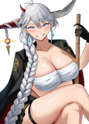  1girl absurdres alternate_costume animal animal_on_shoulder arm_under_breasts asymmetrical_horns azur_lane banchou bandages bare_legs black_coat black_gloves black_skirt blue_eyes blush braid braided_ponytail breast_rest breasts chest_sarashi cleavage coat commentary_request crossed_legs delinquent dragon_girl dragon_horns earrings gloves grin hair_between_eyes hair_over_shoulder hakuryuu_(azur_lane) hand_up highres horns jewelry large_breasts long_hair looking_at_viewer miniskirt mole mole_on_breast pleated_skirt sakura_empire_(emblem) sarashi sitting skirt slit_pupils smile solo soul_(dp11) thigh_strap thighs very_long_hair white_hair 