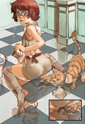  1boy androgynous anus ass bad_id bad_pixiv_id brown_hair bucket bulge cat cleaning_brush crossdressing from_behind glasses highres joel_jurion lips looking_back male_focus original panties penis reflection short_hair sitting socks solo striped_clothes striped_panties testicles trap underwear wariza  rating:Explicit score:281 user:danbooru