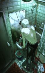  1boy bathroom bathtub blood broken_mirror dante_(devil_may_cry) devil_may_cry devil_may_cry_(series) devil_may_cry_3 from_above holding indoors looking_at_mirror male_focus mirror muscular muscular_male nosebleed octopuskun2 reflection sink solo toned toned_male topless_male white_hair 