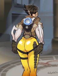  1girl animated animated_gif ass ass_shake bouncing breasts brown_hair goggles huge_ass jiggle leaning_forward looking_at_viewer looking_back overwatch overwatch_1 short_hair skindentation smile solo tracer_(overwatch)  rating:Questionable score:105 user:Qpax