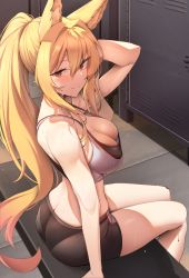 1girl absurdres animal_ears arm_up ass bare_arms bare_shoulders bench bike_shorts black_panties black_shorts blonde_hair breasts butt_crack cleavage commission crop_top dungeon_and_fighter duplicate ellin_meiji fox_ears hair_intakes highres k_pring large_breasts long_hair looking_at_viewer looking_to_the_side midriff panties ponytail red_eyes see-through short_shorts shorts sidelocks sitting smile solo sports_bra strap_gap sweat thighs towel underwear very_long_hair rating:Questionable score:154 user:danbooru