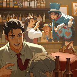  2girls 3boys ace_attorney apollo_justice athena_cykes bar_(place) black_hair bloomers blue_eyes blue_hat blue_ribbon brown_hair collared_shirt cup drink etceteraart grey_hair hat highres holding holding_bloomers holding_cup indoors jacket jewelry miles_edgeworth multiple_boys multiple_girls necklace necktie necktie_in_pocket open_mouth phoenix_wright red_jacket red_necktie ribbon shirt side_ponytail teeth top_hat trucy_wright underwear vest white_shirt x_arms 