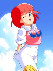  blue_eyes official_art one_eye_closed pastel_(twinbee) pink_hair twinbee wink  rating:General score:6 user:anon999ase4