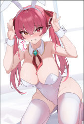 1girl alternate_costume animal_ears ascot bed_sheet between_breasts blush breasts brooch covered_navel crossed_bangs detached_collar fake_animal_ears grin groin hair_between_eyes hair_ribbon hairband hands_up heterochromia highres hololive houshou_marine jewelry kneeling large_breasts leotard long_hair oritonagi playboy_bunny rabbit_ears rabbit_pose raised_eyebrows red_eyes red_hair red_ribbon ribbon smile solo speech_bubble sweatdrop thighhighs twintails virtual_youtuber white_hairband white_leotard white_thighhighs wrist_cuffs yellow_eyes rating:Sensitive score:46 user:danbooru