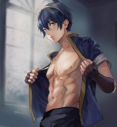 1boy abs blue_eyes blue_hair brown_gloves fingerless_gloves fire_emblem fire_emblem:_mystery_of_the_emblem gloves hashiko_(neleven) looking_at_viewer male_focus marth_(fire_emblem) navel nintendo nipples parted_lips pectorals short_sleeves solo stomach sweat toned toned_male twitter_username undressing upper_body window rating:Sensitive score:17 user:danbooru