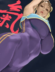  1girl arms_up black_background bodysuit bombomb25 breasts brown_eyes brown_hair capcom chun-li covered_navel covered_erect_nipples huge_breasts looking_at_viewer looking_down parted_lips short_hair simple_background solo street_fighter thighs translation_request underboob 