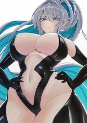  1girl absurdres aqua_eyes aqua_hair black_ark_ranger_(nikke) black_leotard breasts cleavage closed_mouth commentary cowboy_shot elbow_gloves english_commentary from_below gloves goddess_of_victory:_nikke hair_between_eyes hair_intakes hands_on_own_hips highres large_breasts leotard long_hair looking_at_viewer moredread navel sidelocks simple_background skin_tight solo standing very_long_hair white_background white_hair 