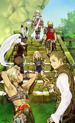  3boys 3girls abs armor arms_behind_head ashelia_b&#039;nargin_dalmasca ass balflear basch_fon_ronsenburg blonde_hair blue_eyes blue_sky boots braid brown_eyes commentary_request dark-skinned_female dark_skin earrings final_fantasy final_fantasy_xii fran_(ff12) from_behind gauntlets grass grey_hair gun hands_on_own_hips hands_up high_ponytail highres holding holding_gun holding_weapon jewelry light_brown_hair long_hair looking_at_another looking_back mochi_(hanamaruudondesu) multiple_boys multiple_girls open_mouth outdoors penelo pink_skirt red_eyes short_hair shoulder_armor signature skirt sky smile stairs thighhighs toned toned_male tree twin_braids vaan_(ff12) very_long_hair very_short_hair viera walking weapon white_hair 