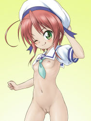  10s 1girl ;q adjusting_clothes adjusting_headwear beret blush bottomless cleft_of_venus female_focus flat_chest gradient_background green_eyes hat hico6 highres loli navel necktie nipples one_eye_closed pussy red_hair school_uniform shirt short_hair shrug_(clothing) smile solo standing tantei_opera_milky_holmes tongue tongue_out uncensored wink yellow_background yuzurizaki_nero  rating:Explicit score:65 user:sytalidis