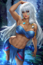 1girl arm_behind_head armlet armpits atlantis:_the_lost_empire bikini blue_bikini blue_eyes blurry blurry_background breasts cleavage collarbone commentary earrings english_commentary facial_mark grey_hair hair_tubes highres jewelry kidagakash large_breasts long_hair medium_breasts navel necklace neoartcore paid_reward_available patreon_username pelvic_curtain pendant solo strapless strapless_bikini swimsuit toned wading rating:Sensitive score:14 user:danbooru