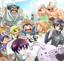  6+boys :d abs animal animal_on_head arms_up beef black_hair blonde_hair bojji borongo bowl cake chair character_request child chopsticks cloak code_geass commentary_request copyright_request creature crossover crown cup day desert dragon_ball dragon_quest dragon_quest_v extra_faces facial_hair food gamigami_maou_(artist) gash_bell gintama grin hair_between_eyes hand_up happy hero_(dq5) highres holding holding_bowl holding_chopsticks kage_(ousama_ranking) kinnikuman kinnikuman_(character) konjiki_no_gash!! lelouch_vi_britannia long_hair looking_at_viewer male_focus multiple_boys multiple_crossover muscular muscular_male mustache on_head open_mouth orange_hair ousama_ranking outdoors petals philionel_el_di_seyruun photobomb pietro_pakapuka pillar plate popolocrois prince prince_hata puffy_short_sleeves puffy_sleeves purple_cloak purple_eyes purple_hair purple_headwear robot school_uniform short_sleeves sitting slayers smile sparkle spiked_hair standing tea tea_party tea_set teacup teapot tentacles topless_male toy trait_connection turban twitter_username v vegeta wristband yellow_eyes 