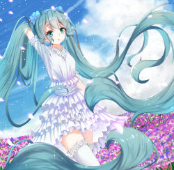  1girl :o absurdly_long_hair aqua_eyes arm_behind_head arm_up artist_name blue_eyes blue_flower blue_sky bridal_garter cloud commentary day dress field flower flower_field frilled_dress frills hair_between_eyes hair_flower hair_ornament hatsune_miku highres layered_dress long_hair looking_at_viewer outdoors pekakiu petals purple_flower short_sleeves sidelocks sky solo standing thighhighs twintails very_long_hair vocaloid white_dress white_thighhighs zettai_ryouiki 