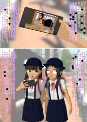  1boy 2girls 3d age_difference artist_request black_hair blush cellphone censored censored_text flat_chest hetero highres loli multiple_girls outdoors phone pornography school_uniform sex tagme text_focus translated  rating:Explicit score:29 user:ganso