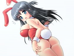  1girl animal_ears ass black_hair blue_eyes blush breasts character_request cleavage fake_animal_ears fang fishnet_pantyhose fishnets grey_hair highres kemu large_breasts long_hair looking_back original pantyhose playboy_bunny rabbit_ears rabbit_tail smile solo tail wedgie wrist_cuffs  rating:Questionable score:34 user:danbooru