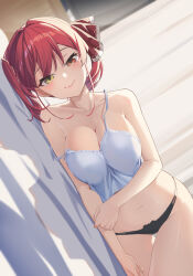  1girl breasts camisole cleavage heterochromia highres hololive houshou_marine large_breasts looking_at_viewer panties red_eyes red_hair reulem smile solo underwear virtual_youtuber yellow_eyes  rating:Sensitive score:26 user:victusr34