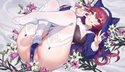  1girl absurdres ass blush breasts cameltoe crossed_legs double_v flower garter_straps habit hair_between_eyes heterochromia highres hololive houshou_marine houshou_marine_(nun) large_breasts long_hair looking_at_viewer lying nox13 nun on_back pelvic_curtain pussy pussy_peek red_eyes red_hair smile solo thick_thighs thighhighs thighs v virtual_youtuber yellow_eyes  rating:Questionable score:42 user:danbooru