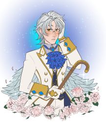  1boy altair_(granblue_fantasy) blush brown_eyes cane commission feathered_wings glasses gloves granblue_fantasy highres looking_at_viewer moonlore silver_hair sparkle_background wings 