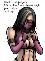  1girl black_hair blush breasts fidgeting index_fingers_together large_breasts lowres mask mileena_(mortal_kombat) mortal_kombat_(series) mortal_kombat_9 solo text_focus tsundere yellow_eyes  rating:Questionable score:104 user:danbooru