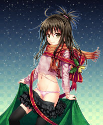 1girl 40010prototype ahoge backpack bag beads bell black_thighhighs blush breasts brown_hair casual christmas clothes_pull cowboy_shot frilled_skirt frills green_eyes green_skirt groin hair_beads hair_between_eyes hair_bobbles hair_ornament highres loli long_hair long_sleeves looking_at_viewer midriff navel open_clothes open_skirt panties pink_panties ponytail randoseru red_ribbon red_scarf ribbon scarf school_bag sidelocks skirt skirt_pull small_breasts smile snowflakes solo standing stomach sweater thighhighs to_love-ru torn_clothes torn_sweater underwear undressing yuuki_mikan rating:Questionable score:47 user:danbooru
