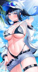  1girl absurdres baseball_cap bikini bikini_under_shorts black_bikini black_hair blue_archive blue_hair blue_sky breasts clothes_pull cloud day eyewear_on_headwear floating_hair halo hand_up hat highres jacket large_breasts long_hair looking_at_viewer navel outdoors ponytail saori_(blue_archive) see-through see-through_shirt shirt short_shorts shorts shorts_pull sky solo ssb_(nit8921) sunglasses swimsuit thigh_strap wet wet_clothes wet_shirt white_jacket 