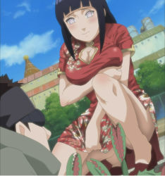  1boy 1girl aburame_shino arm_under_breasts black_hair blush breast_lift breasts censored china_dress chinese_clothes cleavage cleavage_cutout clothing_cutout cloud convenient_censoring covering_privates covering_crotch dress embarrassed high_heels highres hyuuga_hinata large_breasts naruto naruto_(series) outdoors screencap shoes sky squatting  rating:Questionable score:136 user:danbooru