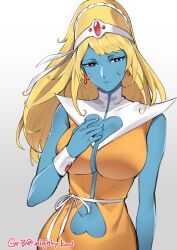  1girl blonde_hair blue_skin breasts cleavage cleavage_cutout clothing_cutout colored_skin daft_punk earrings hand_on_own_chest heart_cleavage_cutout heart_cutout highres interstella_5555 jewelry large_breasts long_hair mightykow navel navel_cutout smile stella_(interstella_5555) 