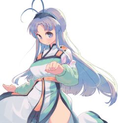  1girl antenna_hair beads blue_hair breasts commentary dress hairband long_hair long_sleeves looking_at_viewer mamotte_shugogetten! medium_breasts multicolored_hair purple_eyes shimazaki1152 shugogetten_shaolin side_slit simple_background solo very_long_hair white_background 