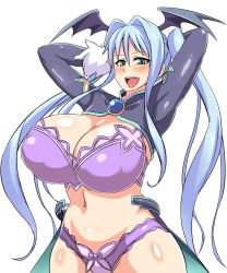  1girl arms_behind_head arms_up blue_eyes blue_hair blush bra breasts cleavage curvy covered_erect_nipples huge_breasts long_hair looking_at_viewer matching_hair/eyes midriff navel nega96396 original panties puffy_nipples simple_background smile solo standing thick_thighs thighs underwear wide_hips wings  rating:Questionable score:39 user:yareyaredaze