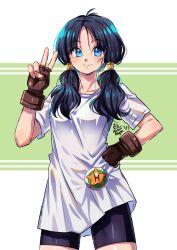  1girl bike_shorts black_hair blue_eyes blush breasts cowboy_shot dragon_ball dragonball_z fingerless_gloves gloves hand_on_own_hip highres long_hair looking_at_viewer maroonabyss medium_breasts shirt simple_background smile solo standing twintails v videl white_shirt 
