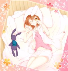  1boy ;o akane_(goma) animal_ears bad_id bad_pixiv_id bed brown_eyes brown_hair rabbit rabbit_ears futon goma_(11zihisin) hat hood hoodie looking_at_viewer lying male_focus midriff navel on_side one_eye_closed open_mouth original pillow short_hair shorts solo souta_(goma) stuffed_animal stuffed_rabbit stuffed_toy top_hat trap waking_up wink yellow_eyes  rating:Sensitive score:39 user:BlueBaroness